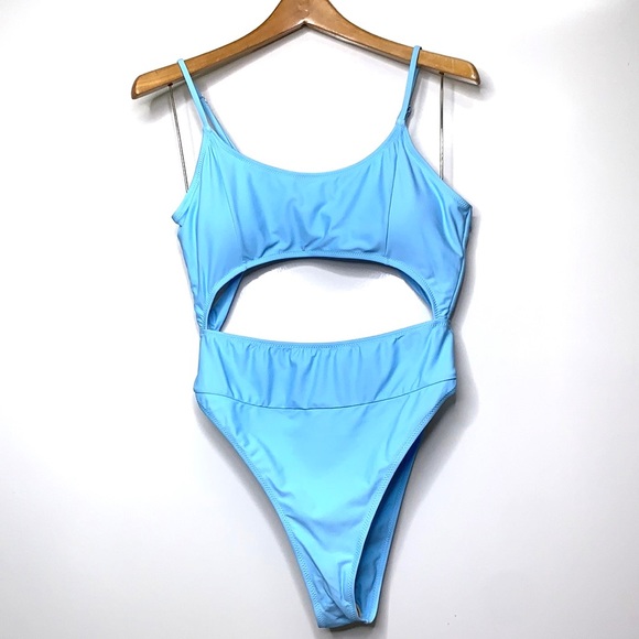 NEW QINSEN • Light Blue One Piece High Cut Cutout Swimsuit XL - Picture 2 of 7